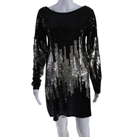 Zara Women's Round Neck Long Sleeves A-Line Sequin Mini Dress Black Size S - Picture 1 of 6